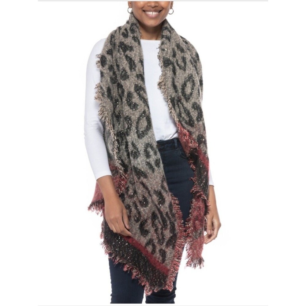 INC Leopard Print Fringe Blanket Scarf in Grey Black and Burgundy With Sequins
